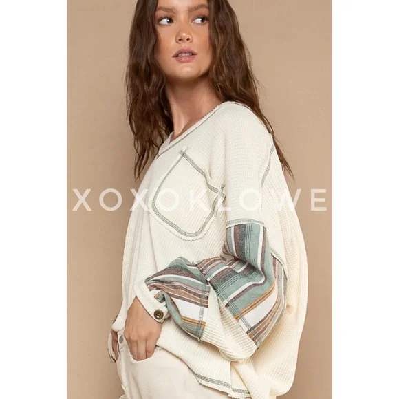 POL Cream Waffle Knit Oversized Top | Striped Long Sleeve Pullover Thermal - Picture 2 of 7